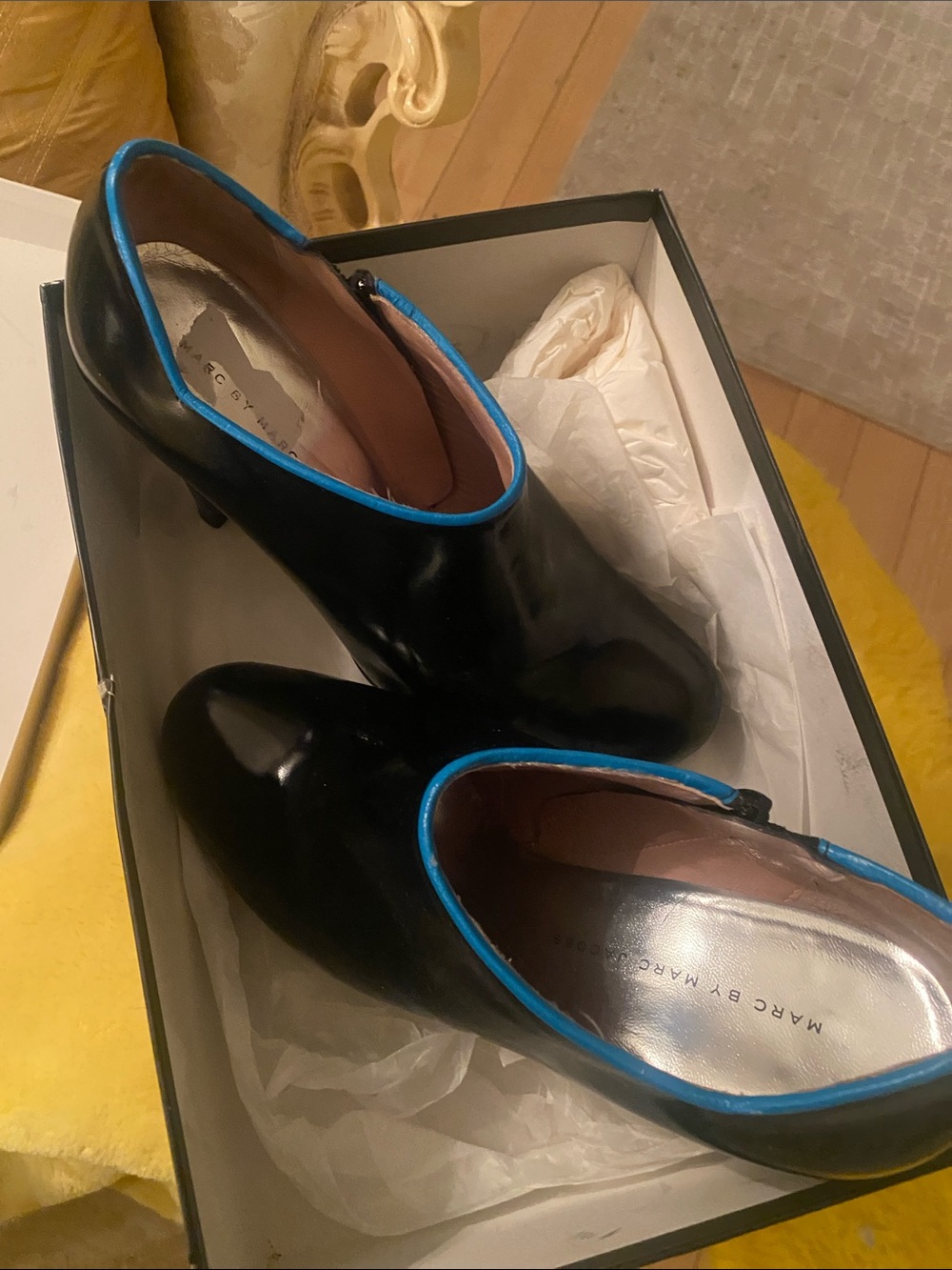 Marc by Marc Jacobs Black Leather Ankle Booties with Bright Blue Trim